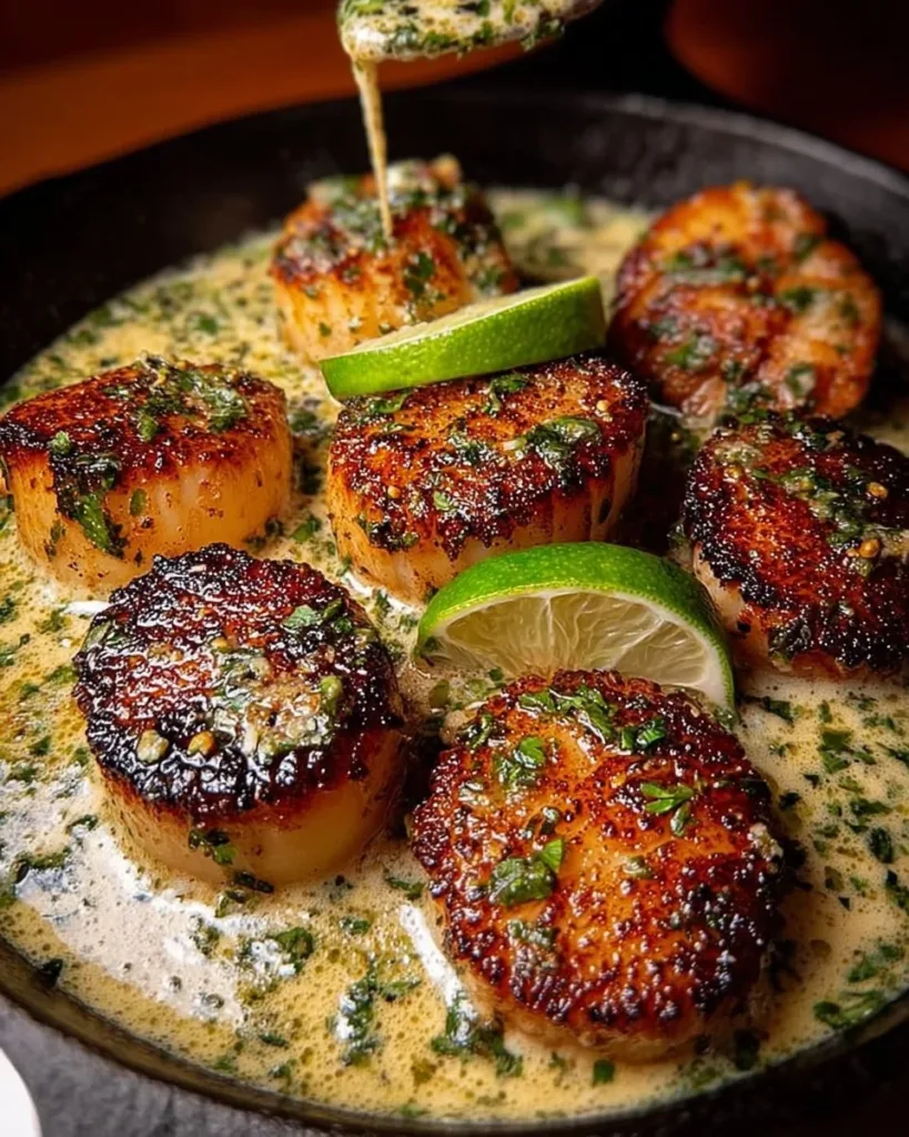 Sizzling scallops served with zesty lime cilantro sauce on a plate