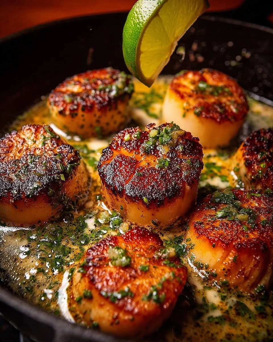 Sizzling Scallops with Zesty Lime Cilantro Sauce 2 Delicious sizzling scallops with zesty lime cilantro sauce on a plate.
