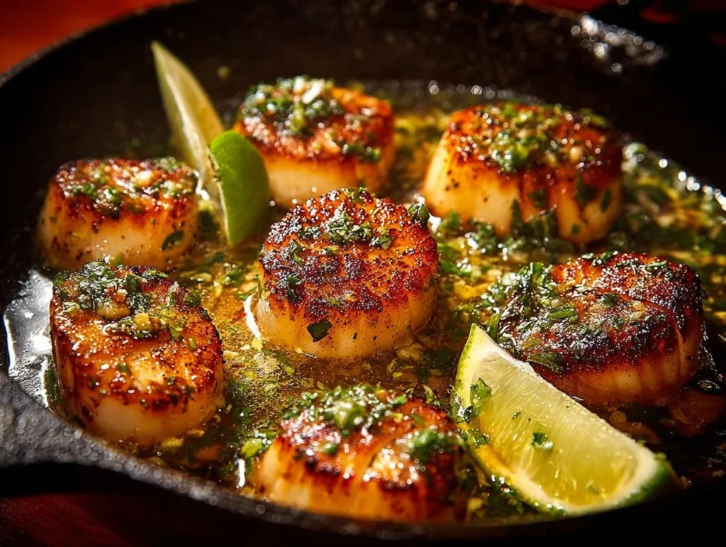 Sizzling scallops served with zesty lime cilantro sauce