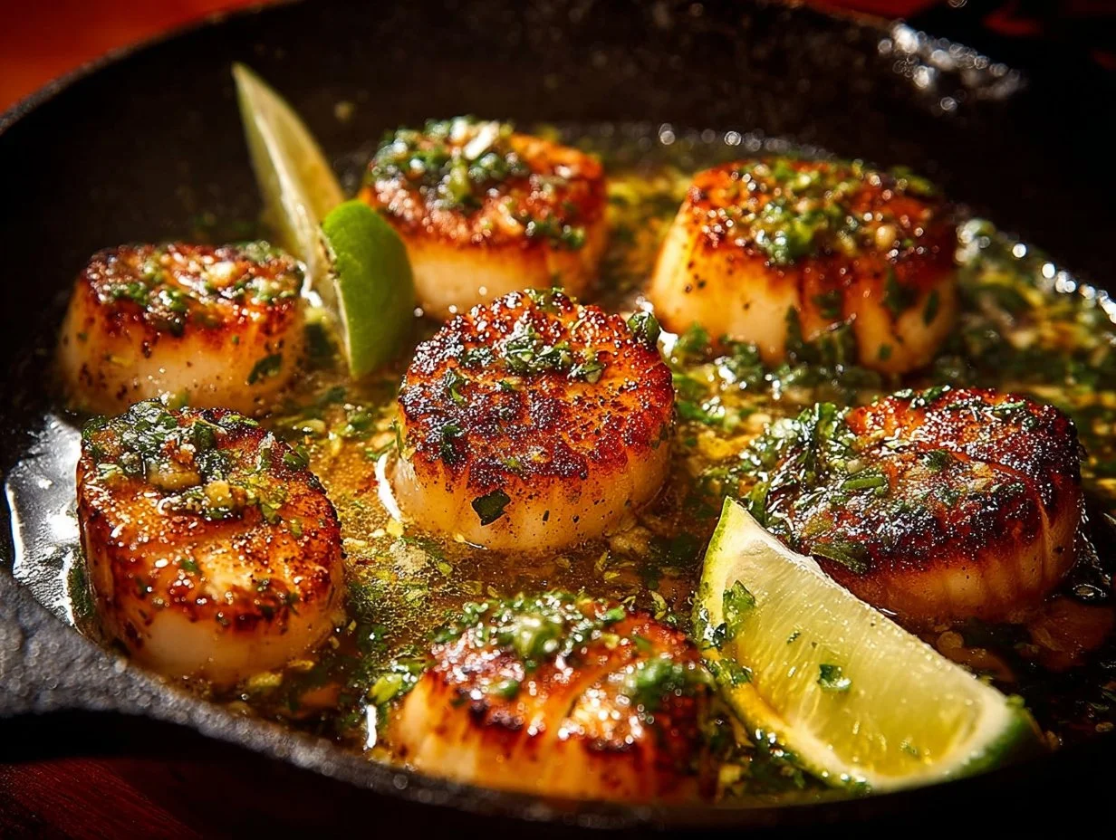 Sizzling scallops served with zesty lime cilantro sauce