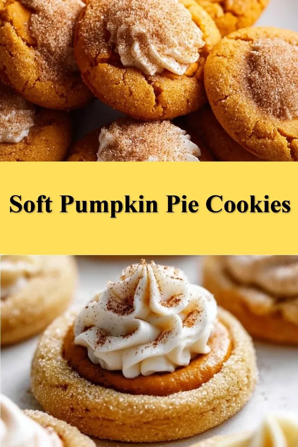 A plate of soft pumpkin pie cookies garnished with cinnamon and whipped cream