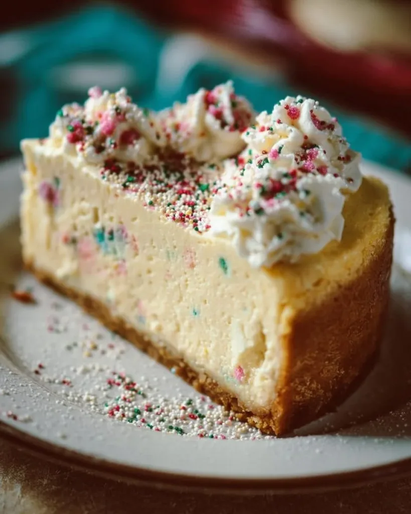 Delicious sugar cookie cheesecake slice topped with colorful sprinkles