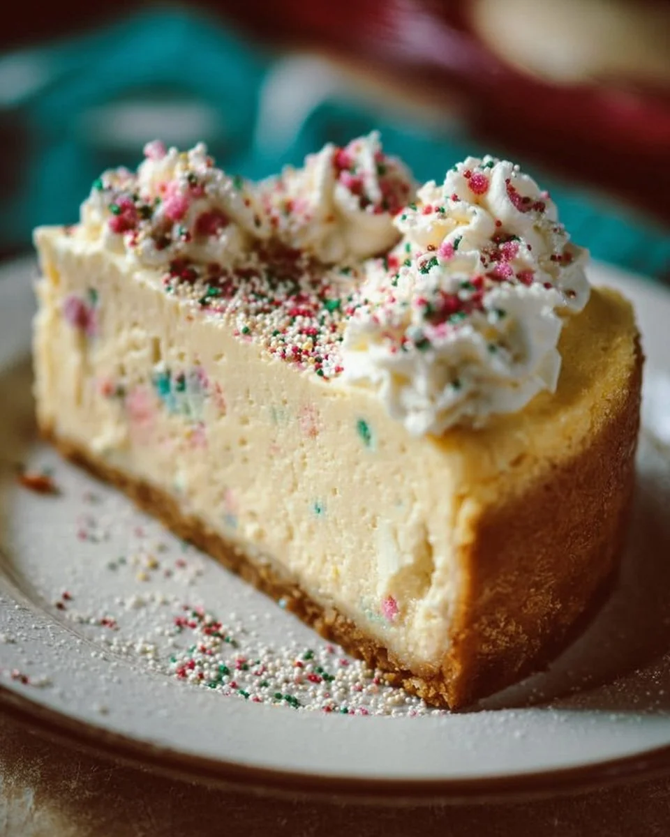 Delicious sugar cookie cheesecake slice topped with colorful sprinkles