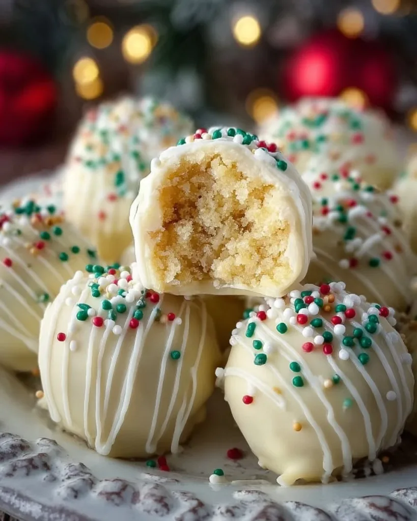 Delicious sugar cookie truffles topped with sprinkles and icing on a white plate