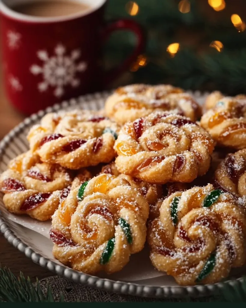 Twisted Christmas Cookies with Almond and Citrus on a festive plate
