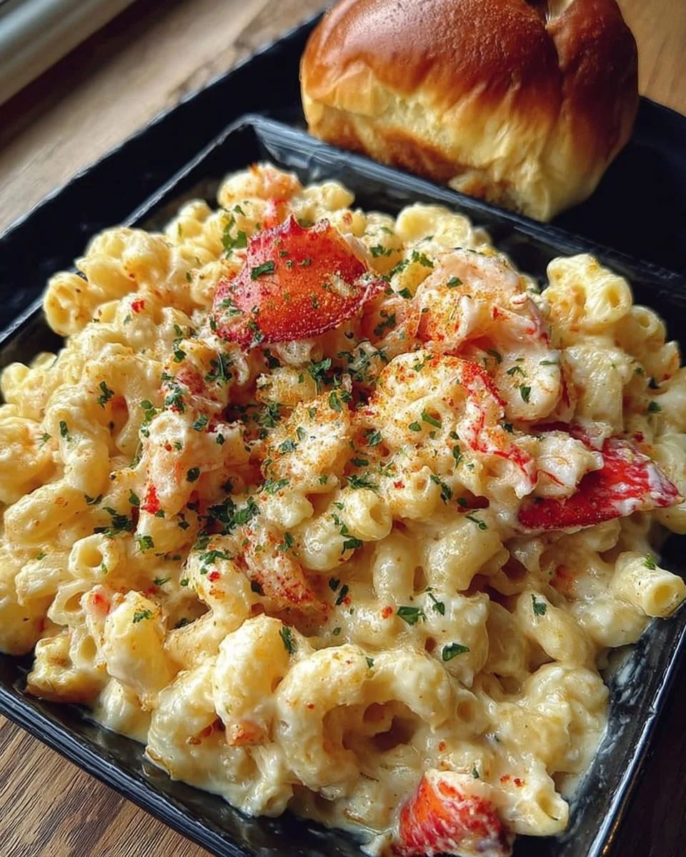 Creamy lobster mac and cheese with shrimp topped with breadcrumbs.