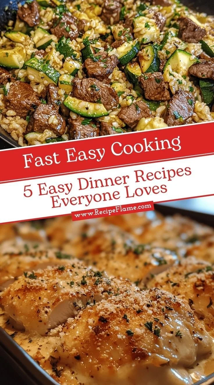 A selection of five easy dinner recipes everyone loves on a dining table.