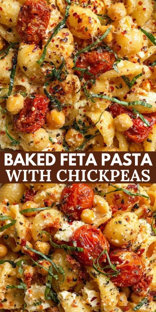 Baked feta pasta with chickpeas served in a bright and colorful dish