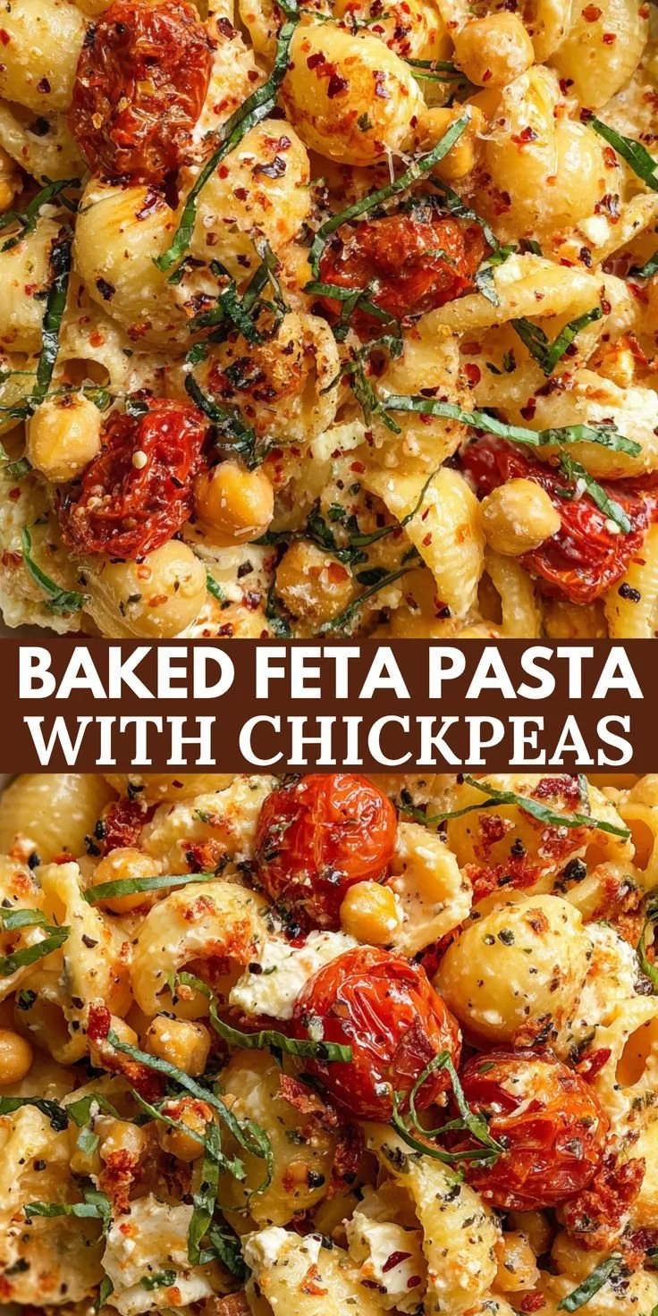 Baked feta pasta with chickpeas served in a bright and colorful dish