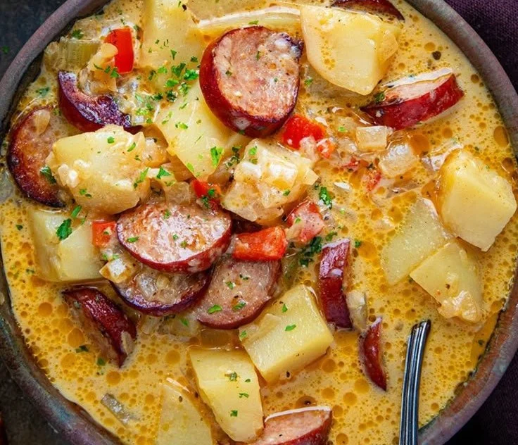 Bowl of Cajun Potato Soup with fresh herbs and spices
