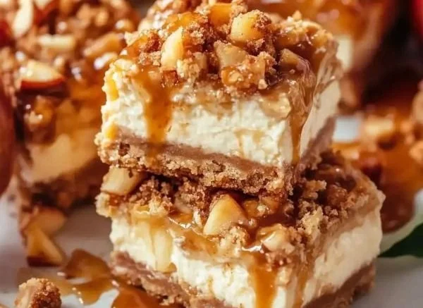 Delicious caramel apple cheesecake bars topped with caramel and apple slices