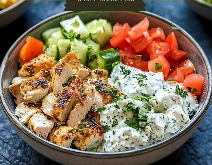 Delicious Chicken Tzatziki Bowl with tender chicken and fresh ingredients