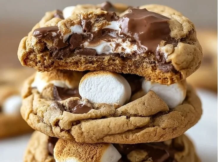 Delicious chunky smore cookies with melted chocolate and marshmallows