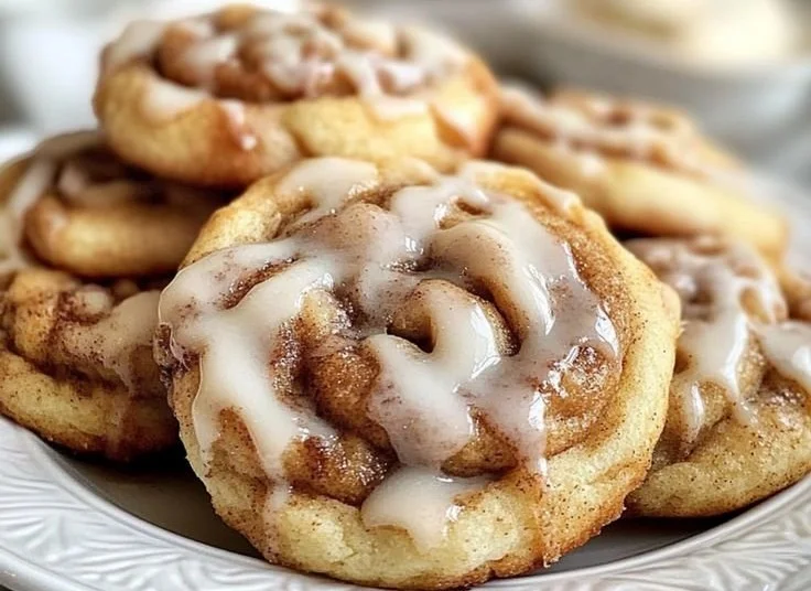 Freshly baked cinnamon roll cookies topped with glaze on a baking sheet