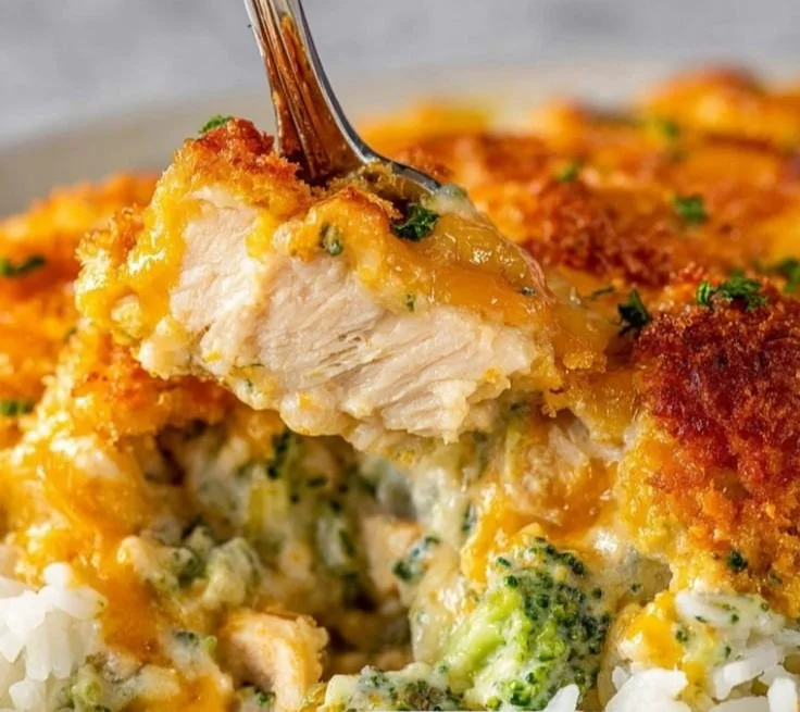 Delicious creamy Chicken Divan served with broccoli and cheese.