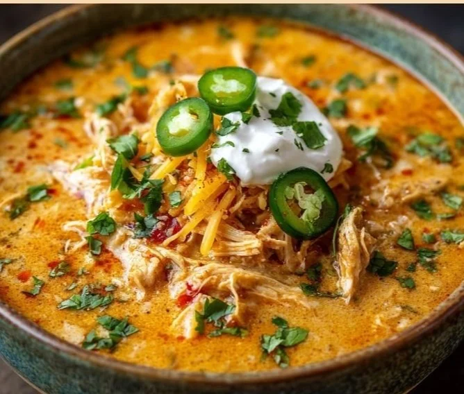 Bowl of creamy chicken enchilada soup with toppings of avocado and cilantro
