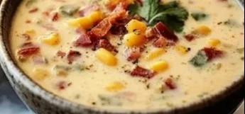 Bowl of creamy cowboy soup garnished with fresh herbs and spices