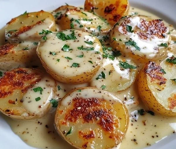 Creamy garlic sauce potatoes with herbs and seasoning served on a plate