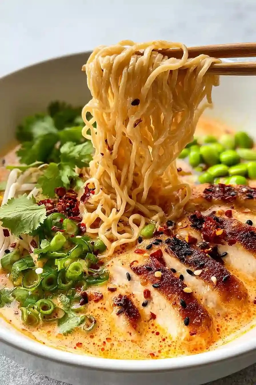 Bowl of creamy Marry Me Chicken ramen topped with herbs and ingredients