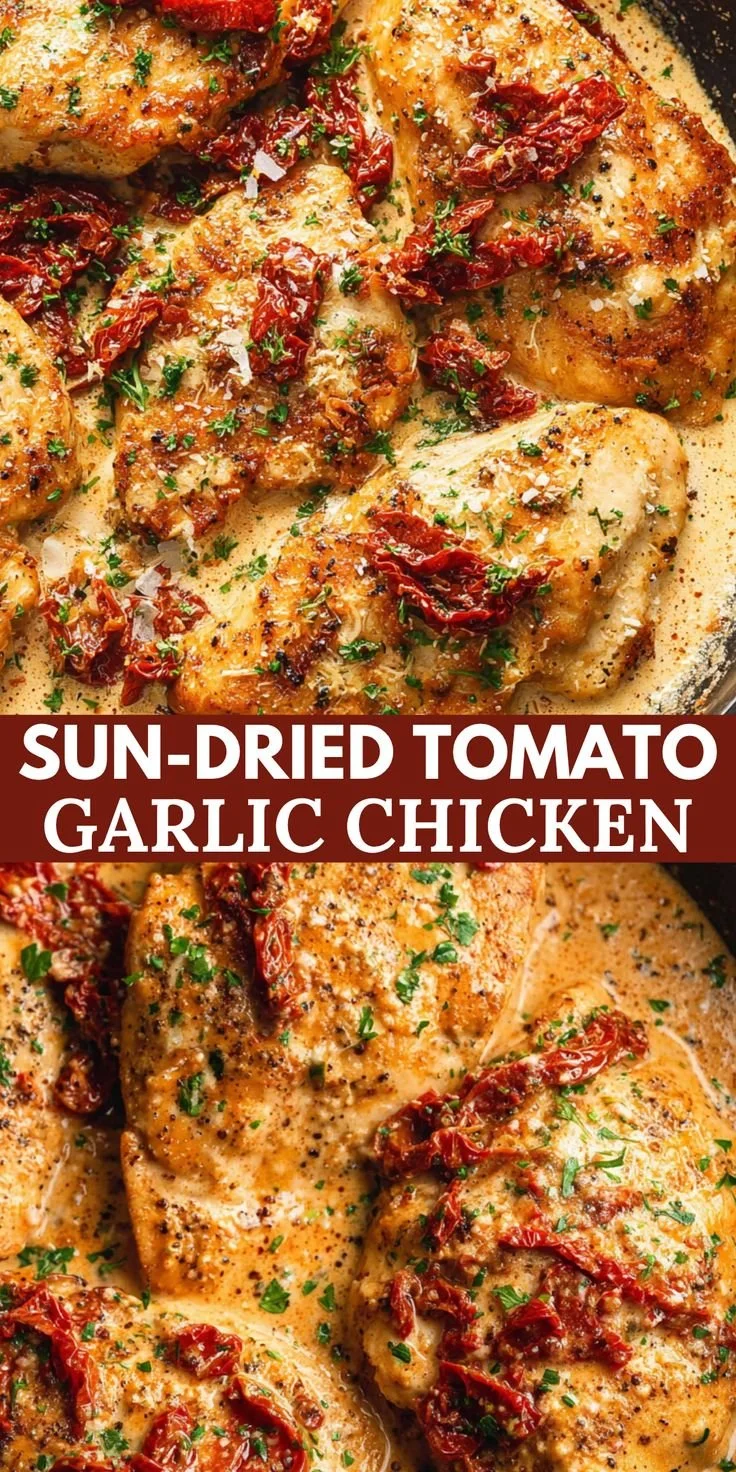 Creamy sun-dried tomato garlic chicken dish garnished with herbs