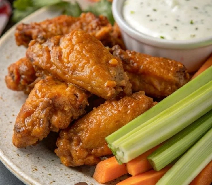 Crispy baked buffalo chicken wings served with ranch dressing and celery sticks