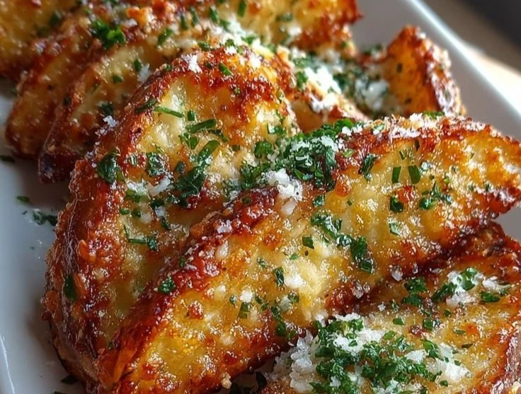 Crispy garlic parmesan potato wedges served in a bowl