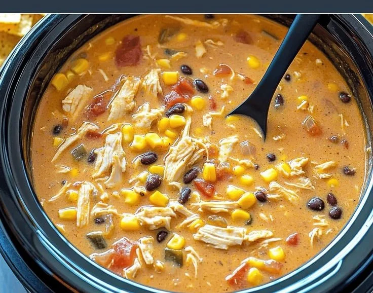 Enjoy a bowl of delicious crockpot chicken tortilla soup with fresh toppings.