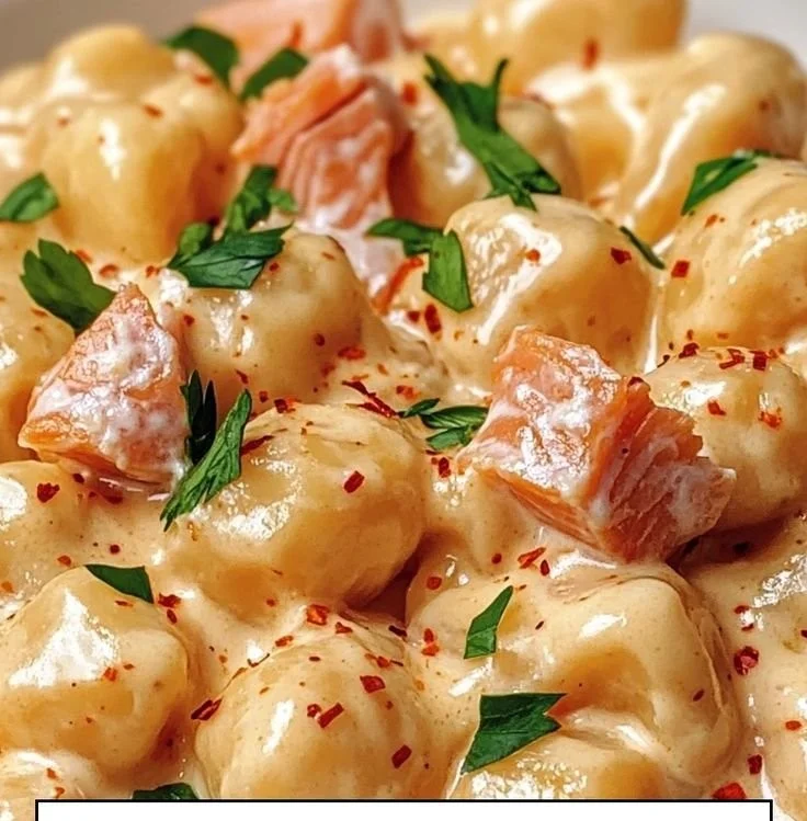 Plate of delicious smoked salmon gnocchi garnished with herbs