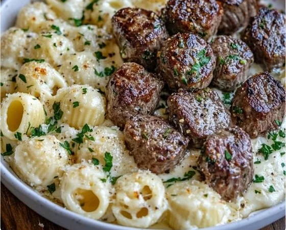 Garlic Butter Steak Bites with rich Parmesan Alfredo Shells served on a plate.