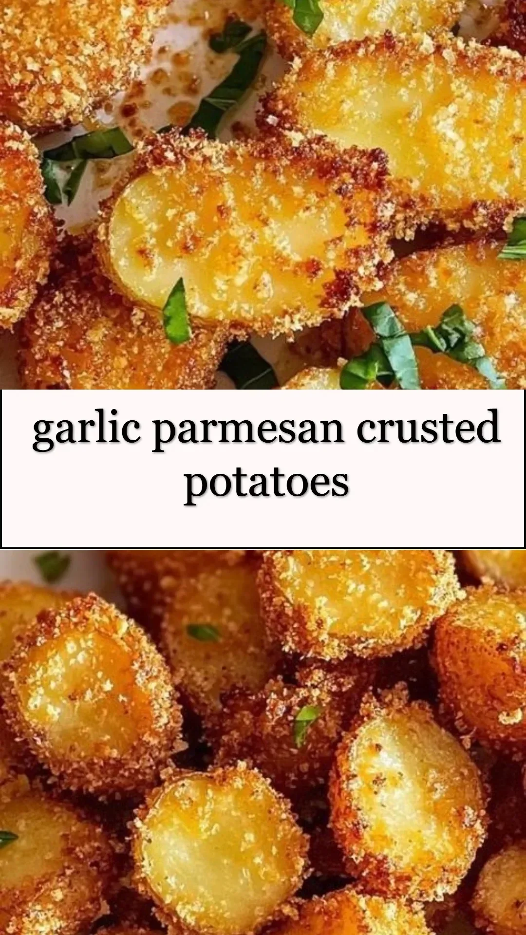 Baked Garlic Parmesan Crusted Potatoes garnished with herbs