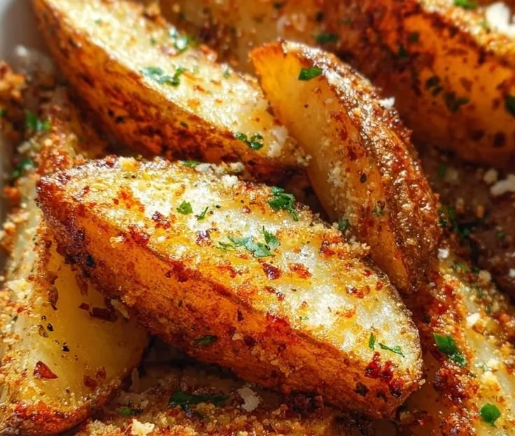 Oven-baked Garlic Parmesan Potato Wedges served on a plate
