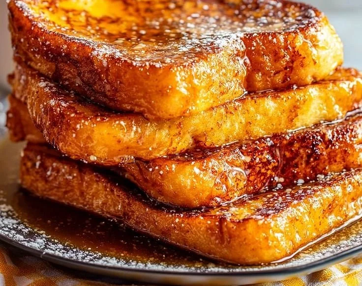 Delicious holiday eggnog French toast topped with powdered sugar and cinnamon.