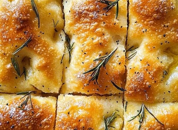 Homemade focaccia bread topped with herbs and olive oil on a wooden table