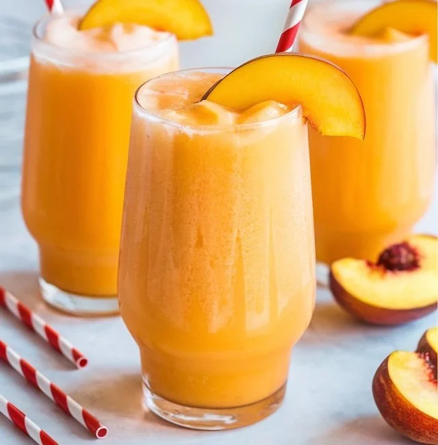 Delicious homemade peach slurpees served in a glass with fresh peaches