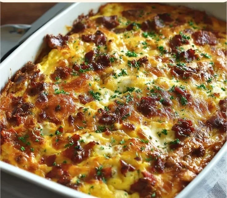 Delicious Ina Garten's breakfast casserole ready to serve at brunch