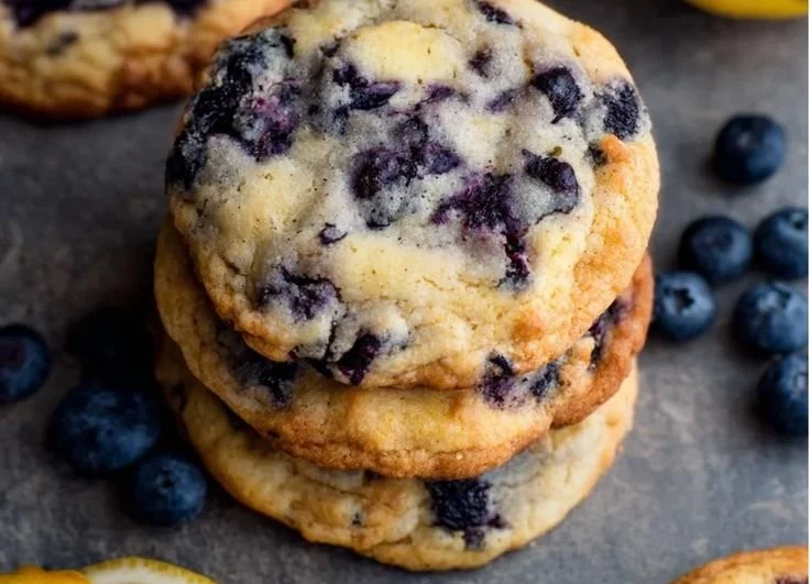 Plate of soft and chewy lemon blueberry cookies with fresh blueberries and lemon zest