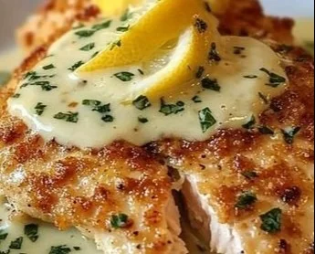 Plate of Lemon Pecorino Crusted Chicken drizzled with creamy lemon sauce
