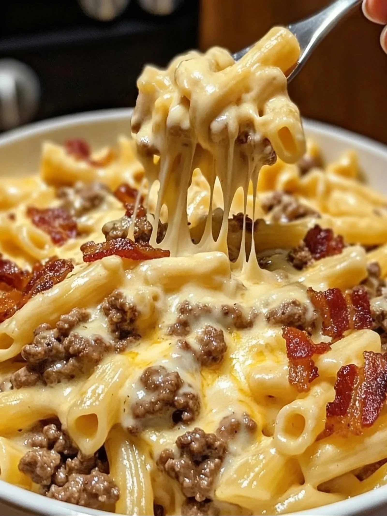 Delicious Loaded Bacon Cheeseburger Alfredo Pasta with crispy bacon and cheese