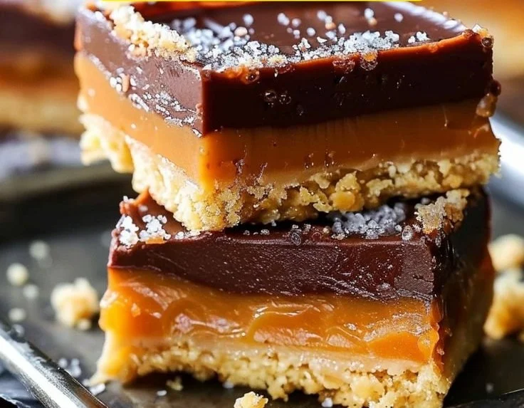 Delicious homemade Millionaire Bars with layers of caramel and chocolate