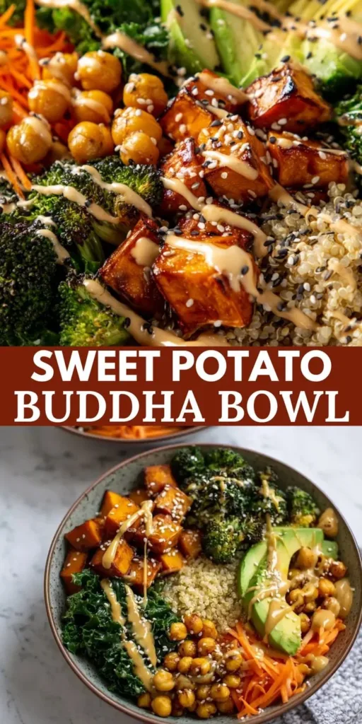 Miso glazed sweet potato Buddha bowl with vegetables and grains.