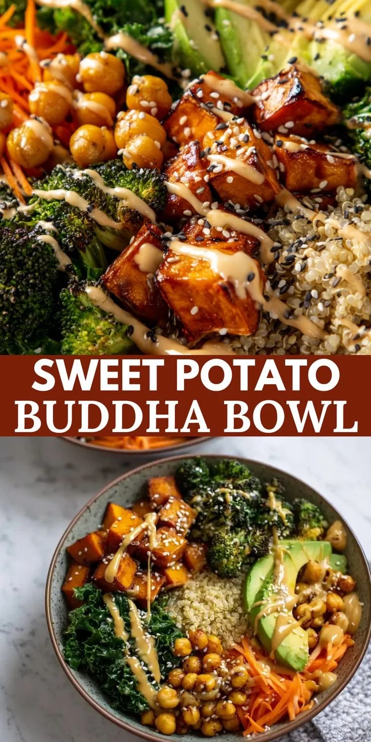 Miso glazed sweet potato Buddha bowl with vegetables and grains.