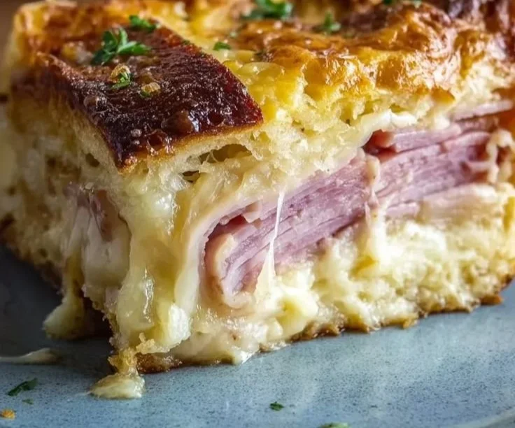 Monte Cristo breakfast casserole with ham, cheese, and French toast layers.