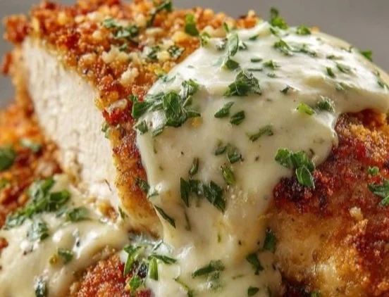 Parmesan Crusted Chicken with Creamy Garlic Sauce on a plate