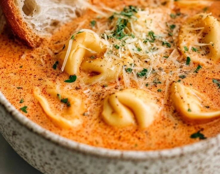 Delicious bowl of Parmesan Tomato Tortellini Soup garnished with fresh herbs