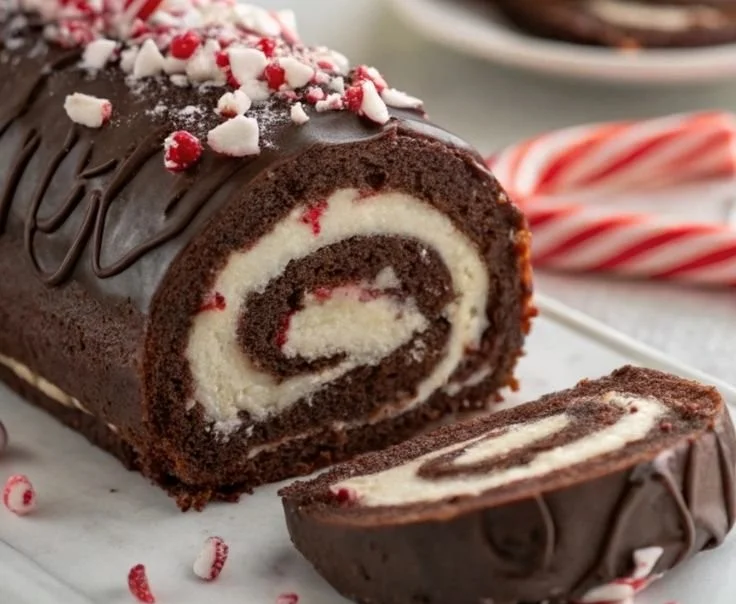 Peppermint Chocolate Roll Cake showcasing festive layers and whipped cream filling