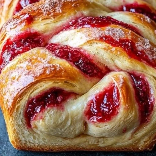 Freshly baked Raspberry Swirl Brioche Loaf with fruity raspberry filling