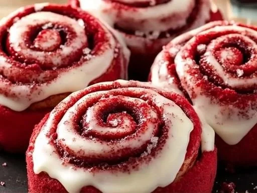 Freshly baked Red Velvet Cinnamon Rolls with cream cheese frosting