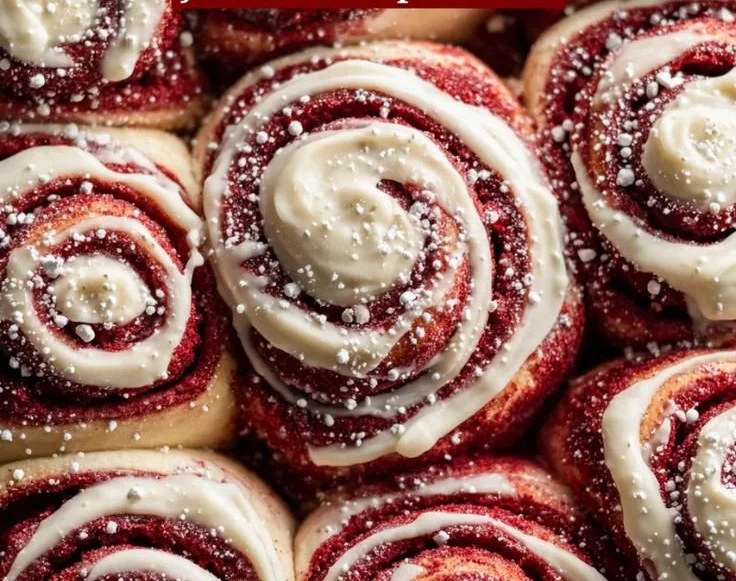 Delicious red velvet cinnamon rolls topped with cream cheese frosting for Christmas.