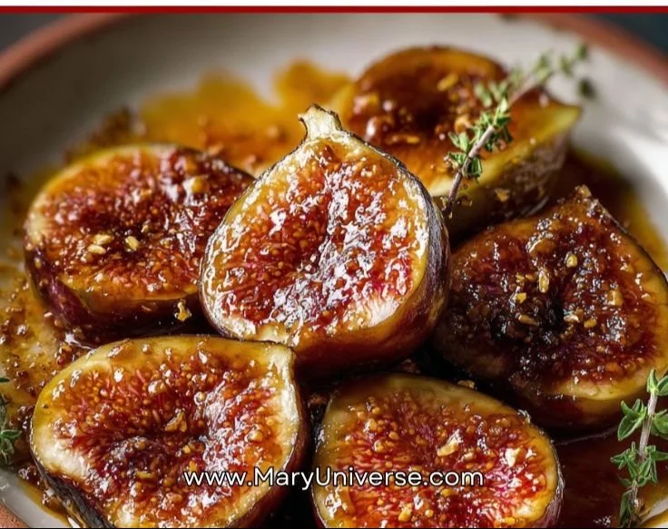 Delicious roasted figs served on a platter with a drizzle of honey and nuts.