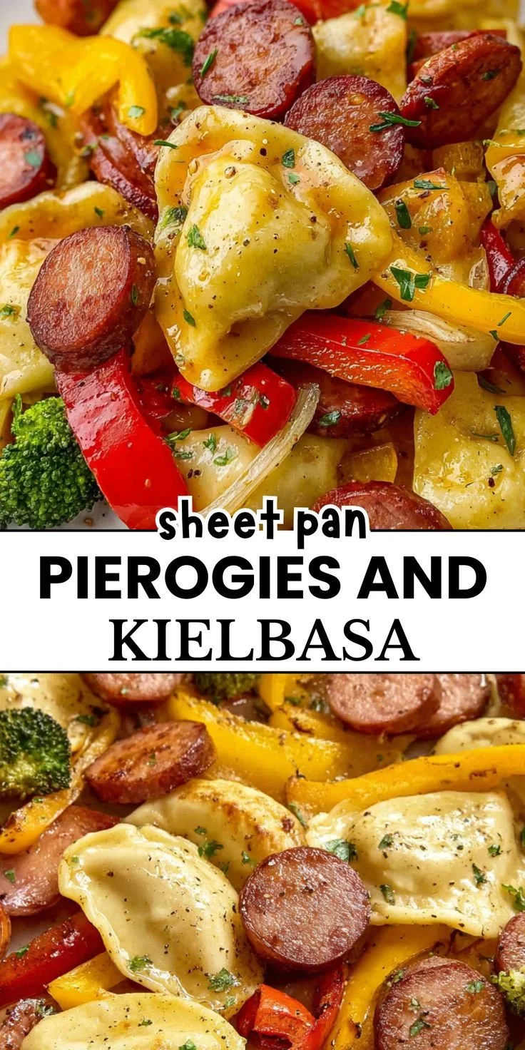 A colorful platter of Sheet Pan Pierogies and Kielbasa, ready to serve.